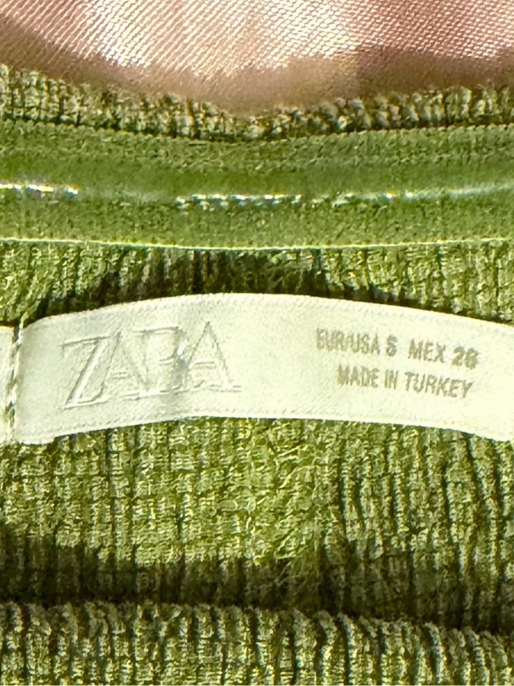 Zara olive green textured dress label visible
